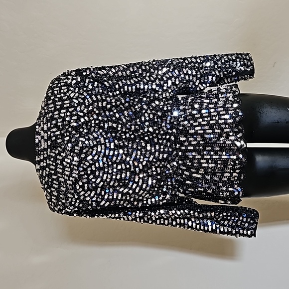NWT Prima blue Black Silver Sparkle Sequined Peplom Vneck Shirt Blouse Top XXL - Picture 5 of 10